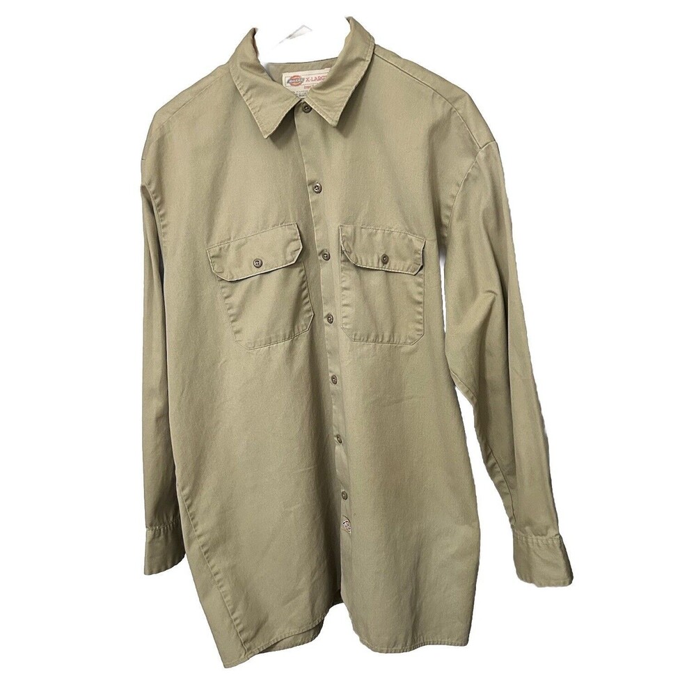 Dickies Men's Extra Large Garage Button Long Sleeve Tan Work Shirt Double pocket